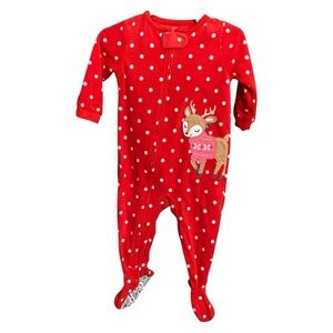 Carter’s Red White Polka Dot Reindeer Fleece Zip Up Footie Pajamas - Size 12 mon